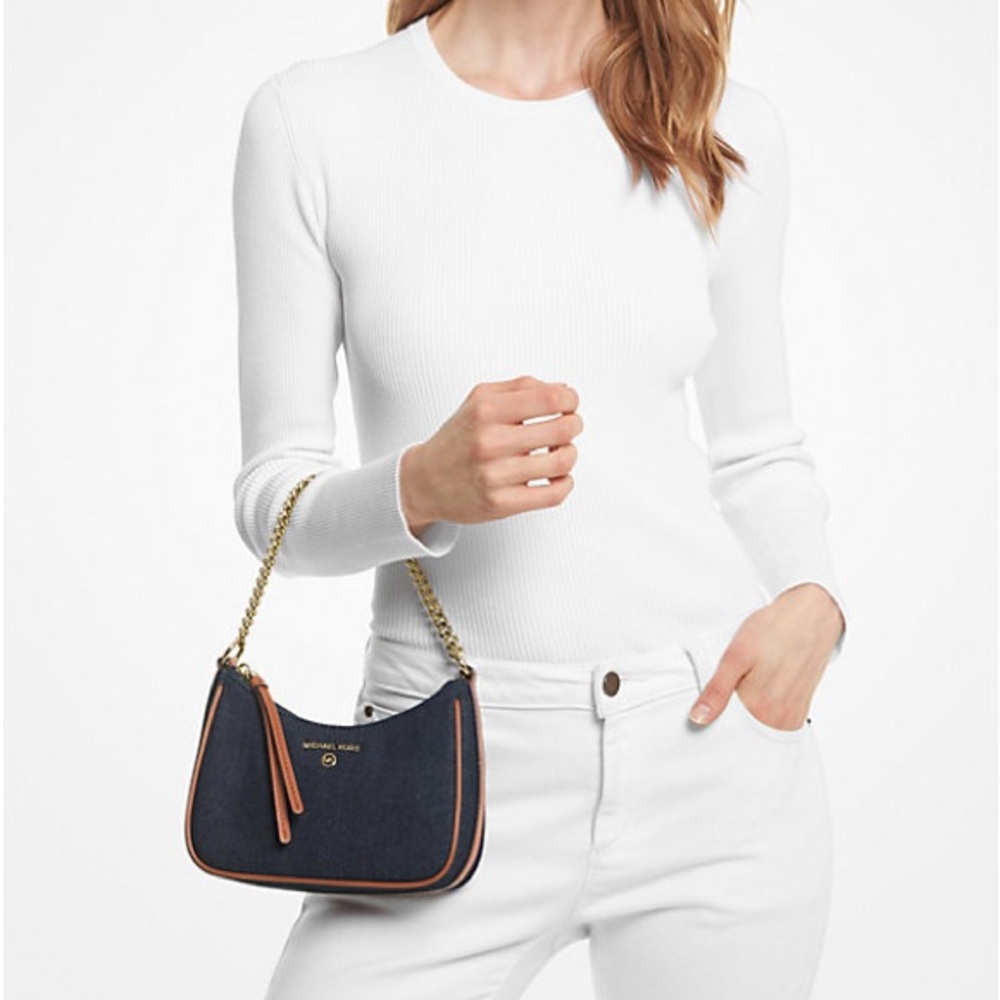 Michael Kors Jet Set Small Chain Denim Pochette Blue and Brown Shoulder Bag - Picture 11 of 11